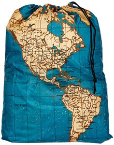 kikkerland travel-size laundry bag, world map design heavy duty laundry bag, polyester, built-in pouch, inner loop and carabineer, multicolor