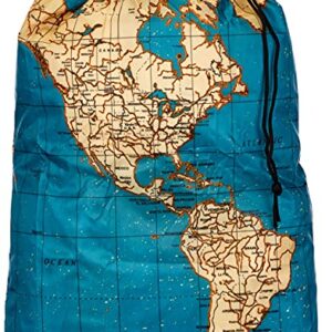 Kikkerland Travel-Size Laundry Bag, World Map Design Heavy Duty Laundry Bag, Polyester, Built-in Pouch, Inner Loop and Carabineer, Multicolor