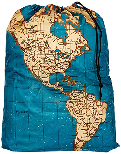 Kikkerland Travel-Size Laundry Bag, World Map Design Heavy Duty Laundry Bag, Polyester, Built-in Pouch, Inner Loop and Carabineer, Multicolor