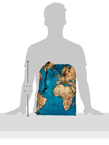 Kikkerland Travel-Size Laundry Bag, World Map Design Heavy Duty Laundry Bag, Polyester, Built-in Pouch, Inner Loop and Carabineer, Multicolor