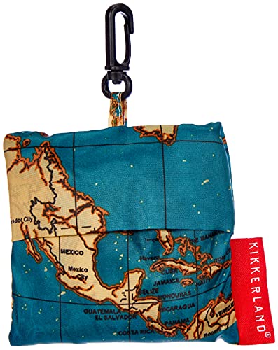 Kikkerland Travel-Size Laundry Bag, World Map Design Heavy Duty Laundry Bag, Polyester, Built-in Pouch, Inner Loop and Carabineer, Multicolor