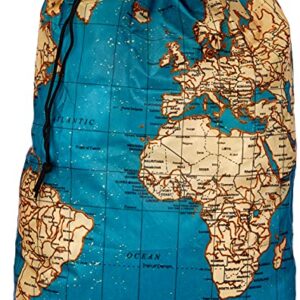 Kikkerland Travel-Size Laundry Bag, World Map Design Heavy Duty Laundry Bag, Polyester, Built-in Pouch, Inner Loop and Carabineer, Multicolor