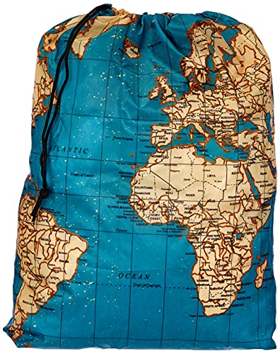 Kikkerland Travel-Size Laundry Bag, World Map Design Heavy Duty Laundry Bag, Polyester, Built-in Pouch, Inner Loop and Carabineer, Multicolor