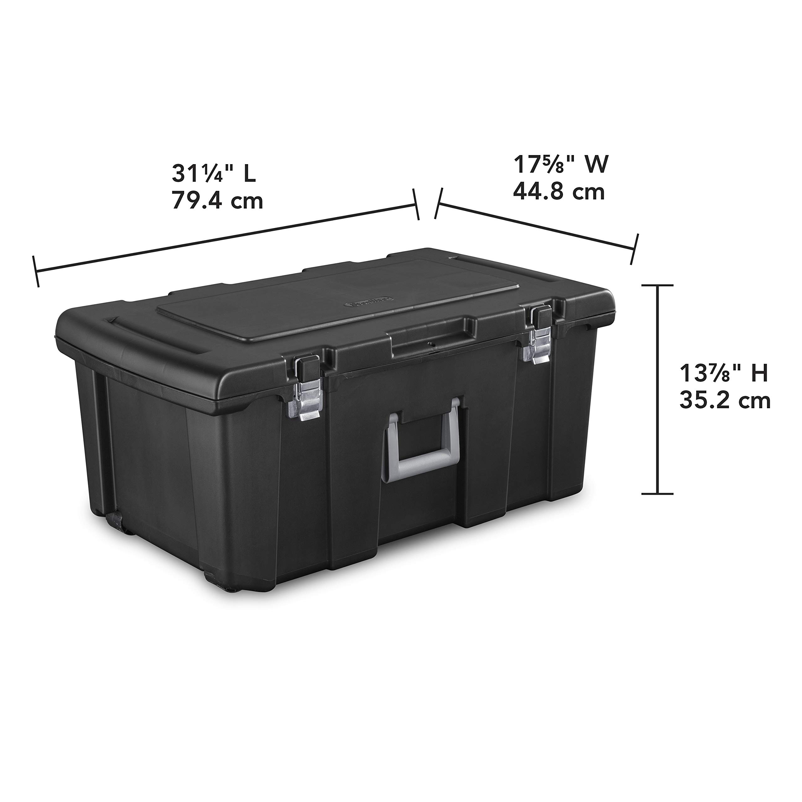 Sterilite Footlocker, Stackable Storage Bin with Latching Lid, Wheels and Handle, Plastic Rolling Container to Organize Basement, Black, 1-Pack