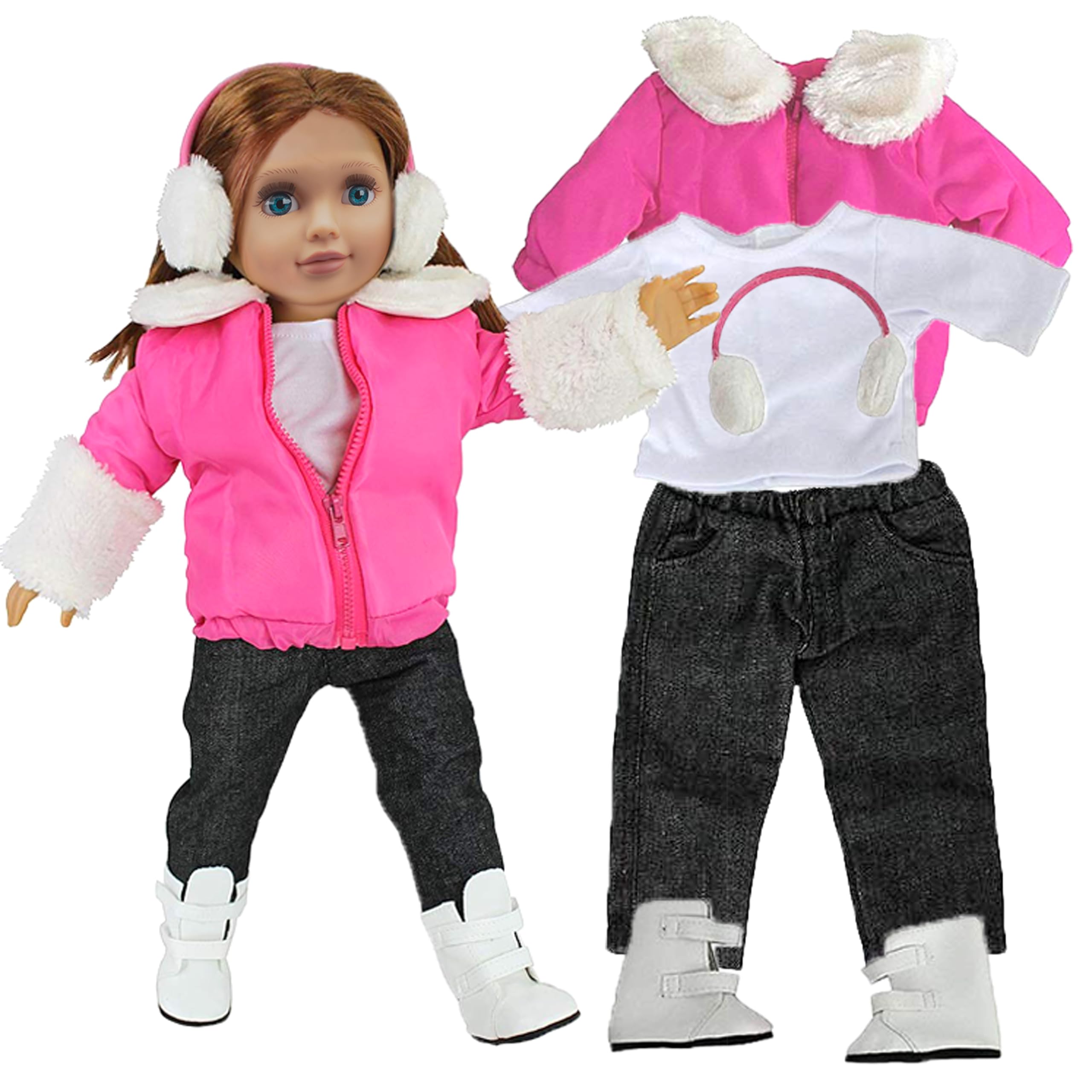 Winter Snow Doll Outfit for 18" Dolls - Premium Handmade 5 Piece Lodge Vacation Ski Clothes and Accessories Costume Set Includes Jacket, Shirt, Jeans, Boots, & Earmuffs - Gifts for Girls Kids Birthday