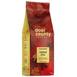 door county coffee, fall seasonal flavored coffee, pumpkin spice decaf, cinnamon & nutmeg flavored coffee, medium roast, ground coffee, 8 oz bag