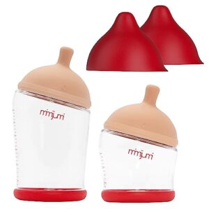 mimijumi baby bottle starter set (6 pcs.) anti-colic baby bottles for breastfed babies - 4 oz and 8 oz breastfeeding bottles, bottle travel caps - lighter and darker bottle nipples (lighter)