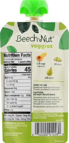 Beech-Nut Veggies Stage 2 Baby Food, Squash Peas & Pears, 3.5 oz Pouch