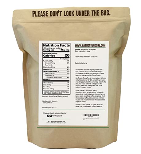 Anthony's Organic Raw Cocoa Powder, 5 lb, Batch Tested and Verified Gluten Free & Non GMO