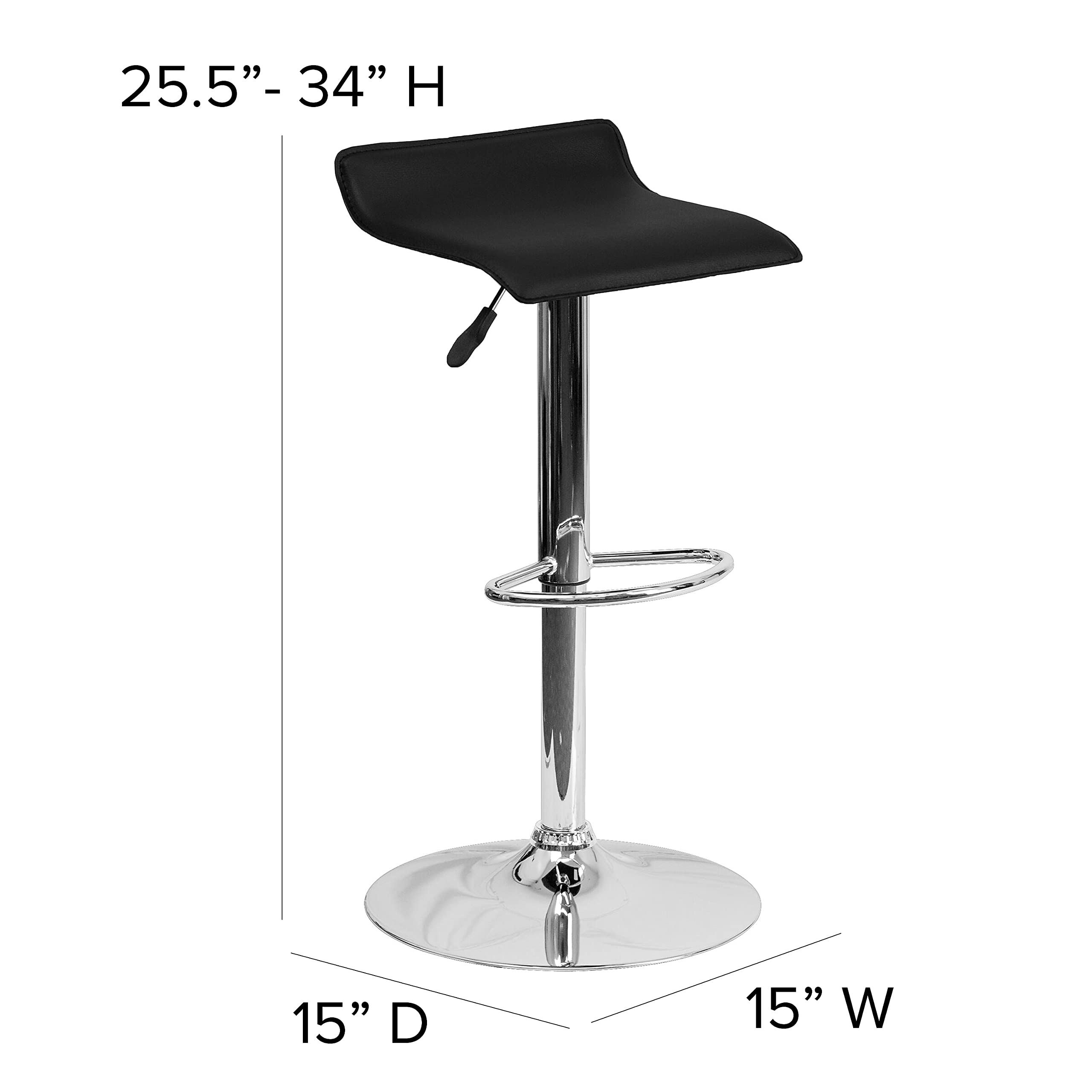 Flash Furniture Athens 2 Pack Contemporary Black Vinyl Adjustable Height Barstool with Solid Wave Seat and Chrome Base