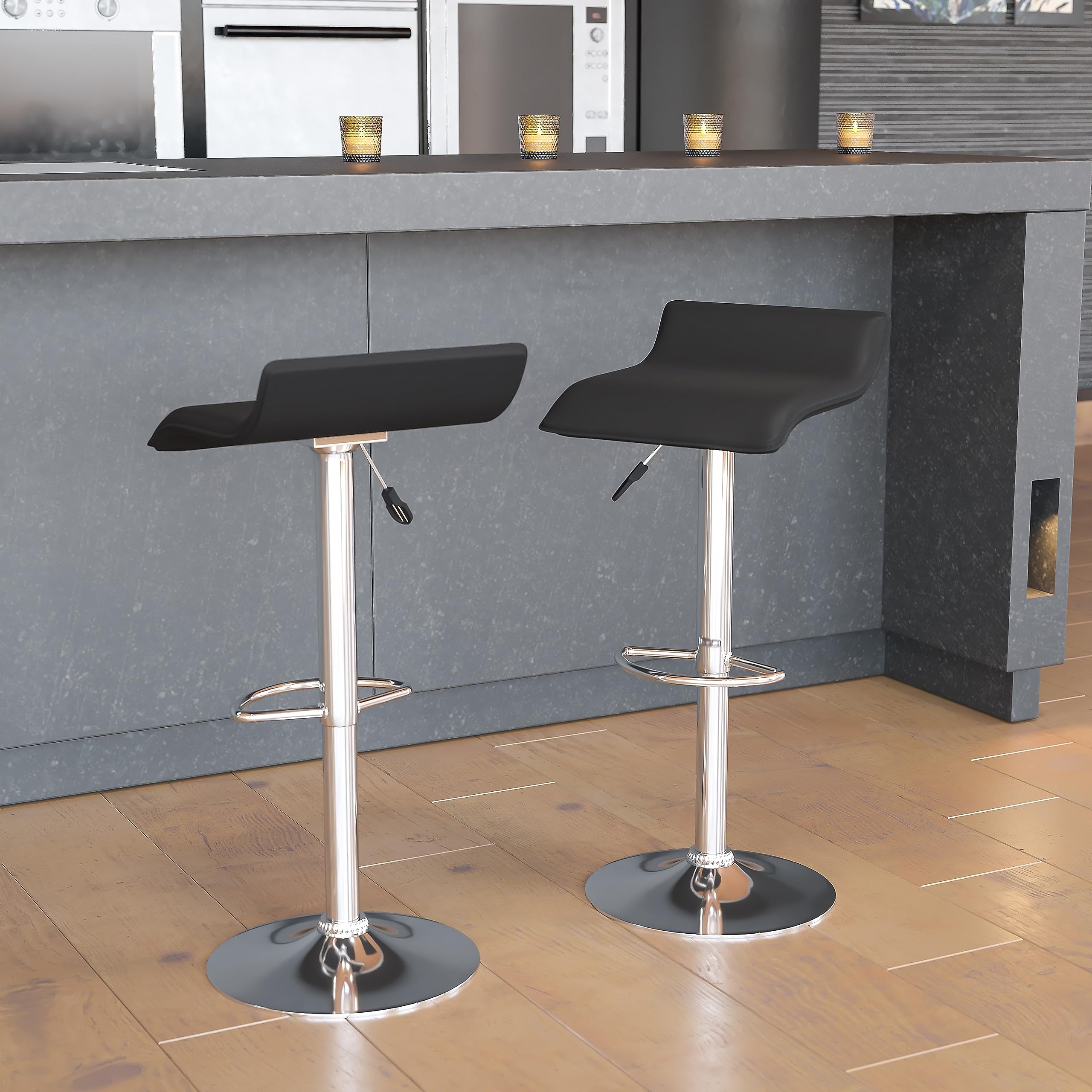 Flash Furniture Athens 2 Pack Contemporary Black Vinyl Adjustable Height Barstool with Solid Wave Seat and Chrome Base