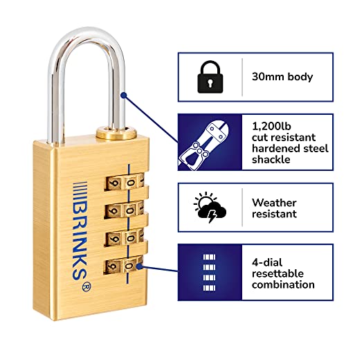 BRINKS - 30mm Solid Brass 4-Dial Resettable Padlock - Chrome Plated With Hardened Steel Shackle