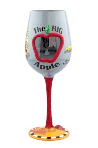 top shelf "the big apple" new york city wine glass ; decorative gift ideas for friends and family ; hand painted ; for red or white wine