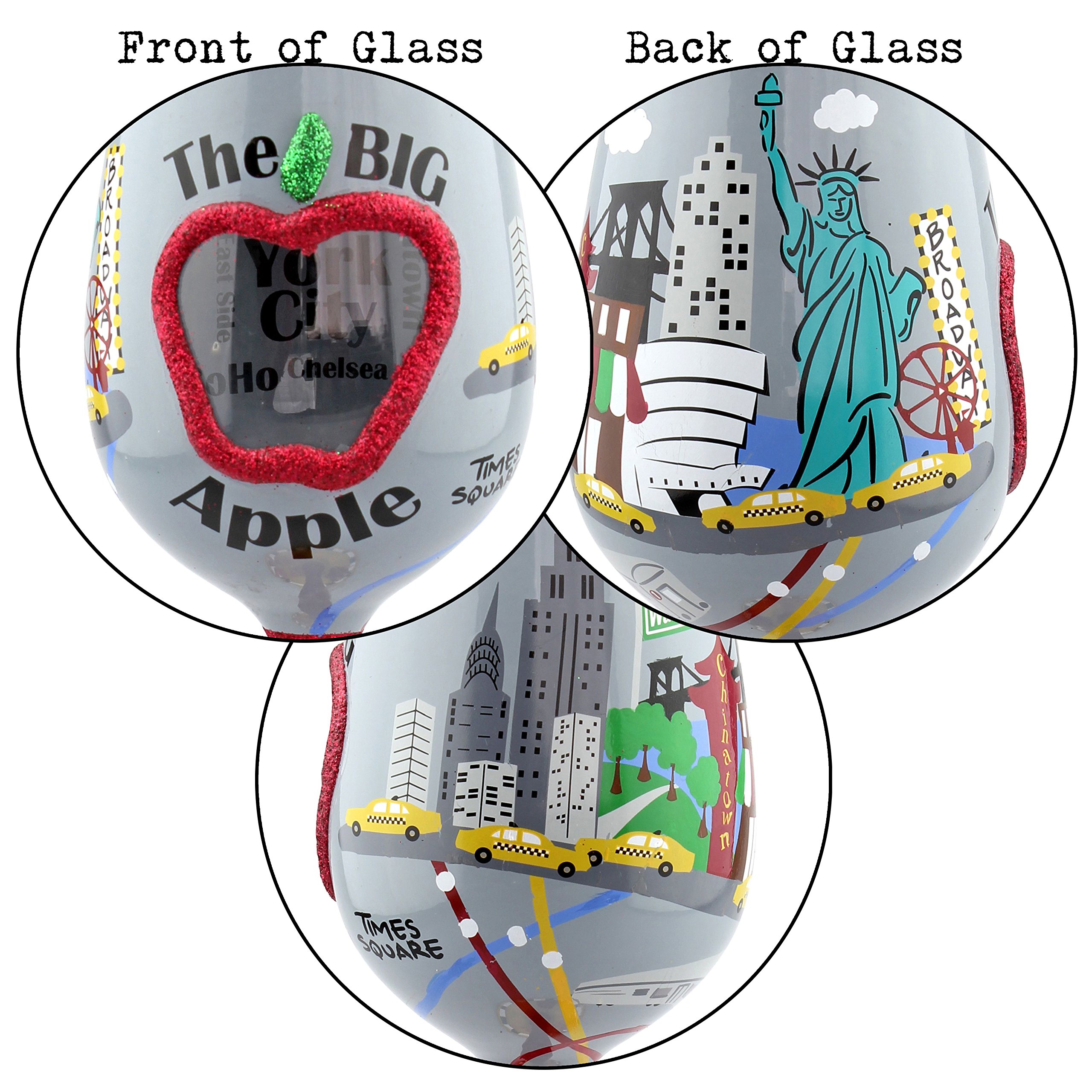 Top Shelf "The Big Apple" New York City Wine Glass ; Decorative Gift Ideas for Friends and Family ; Hand Painted ; For Red or White Wine