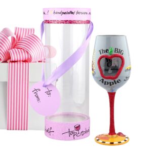 Top Shelf "The Big Apple" New York City Wine Glass ; Decorative Gift Ideas for Friends and Family ; Hand Painted ; For Red or White Wine
