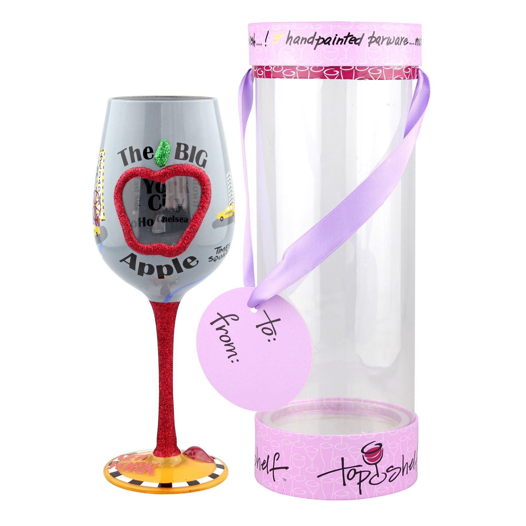 Top Shelf "The Big Apple" New York City Wine Glass ; Decorative Gift Ideas for Friends and Family ; Hand Painted ; For Red or White Wine