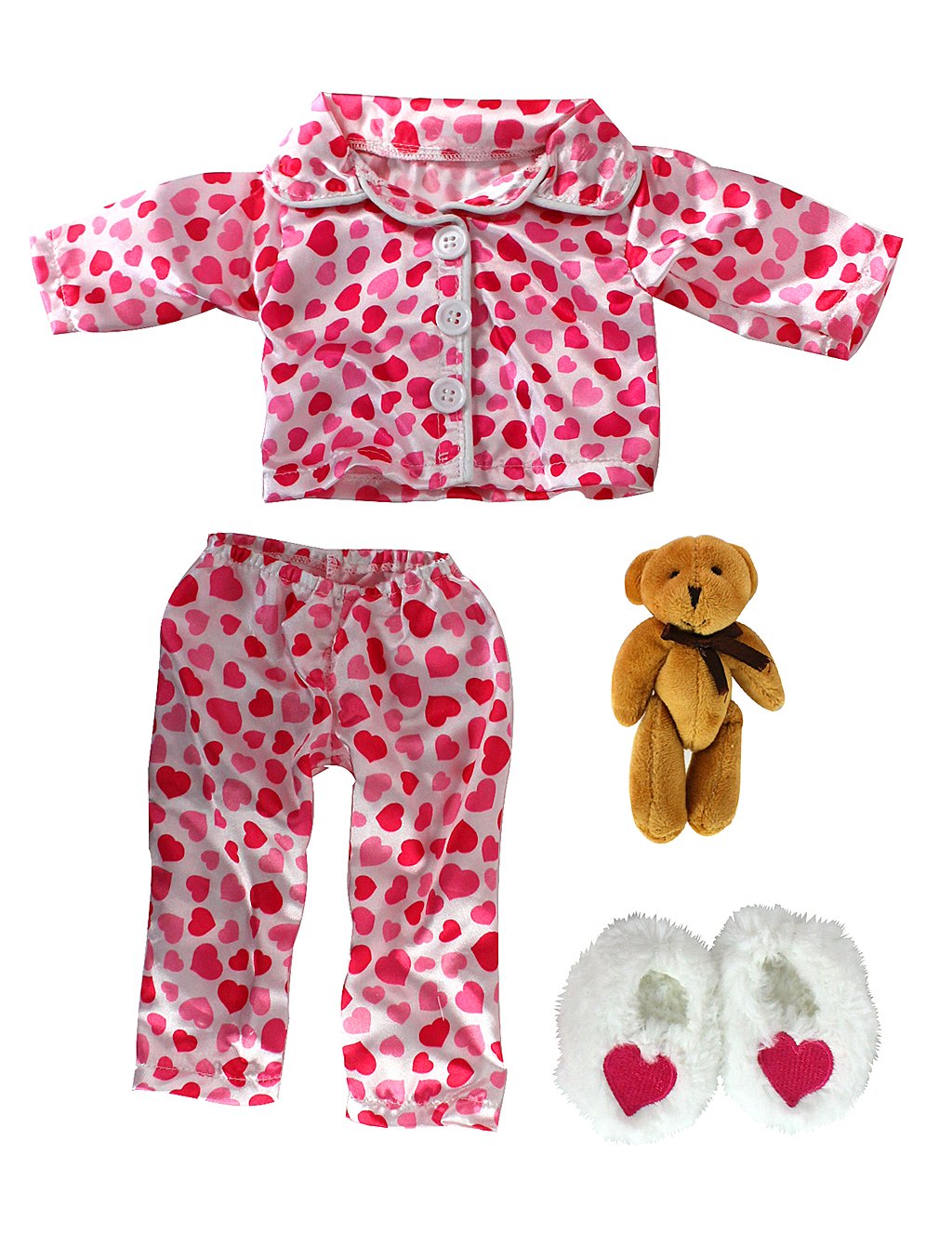 4pc Red & Pink Heart PJ Doll Outfit w Teddy Bear- 18" Doll Clothes & Accessories Compatible w American Girl Dolls- Set Includes Cozy Pajama Top & Bottom, Slippers, & Teddy Bear- Great Gift for Girls