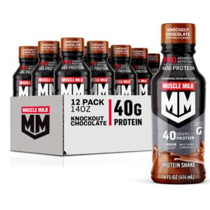 muscle milk pro advanced nutrition protein shake, knockout chocolate, 14 fl oz bottle, 12 pack, 40g protein, 1g sugar, 16 vitamins & minerals, 6g fiber, workout recovery, packaging may vary