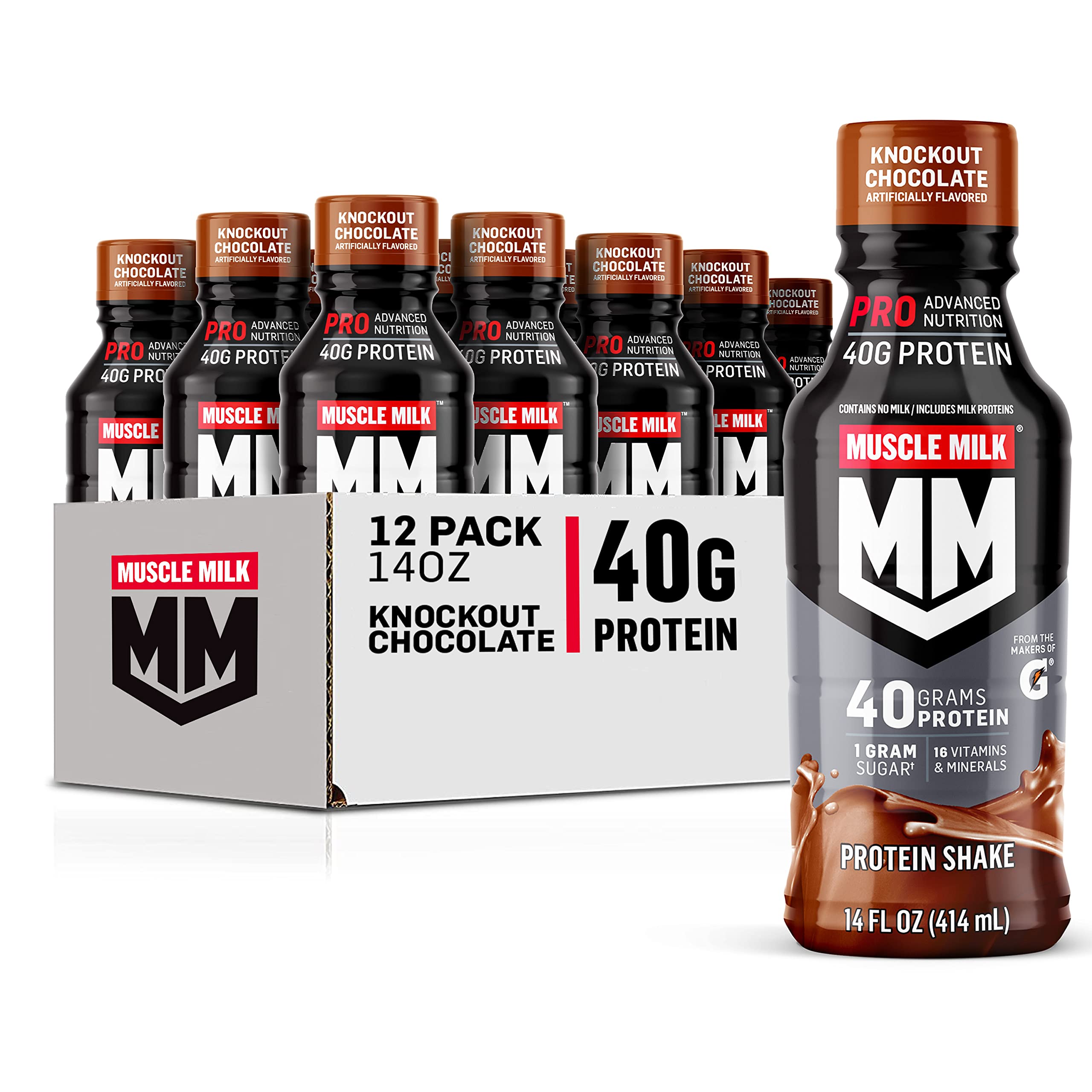 Muscle Milk Pro Advanced Nutrition Protein Shake, Knockout Chocolate, 14 Fl Oz Bottle, 12 Pack, 40g Protein, 1g Sugar, 16 Vitamins & Minerals, 6g Fiber, Workout Recovery, Packaging May Vary