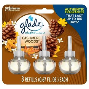 glade plugins refills air freshener, scented and essential oils for home and bathroom, cashmere woods, 2.01 fl oz, 3 count