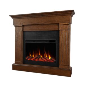 real flame crawford slim indoor electric fireplace, chestnut oak, free-standing with real wood mantel finish - 6 flame colors, adjustable thermostat, 120v, 1400w, 5100 btus