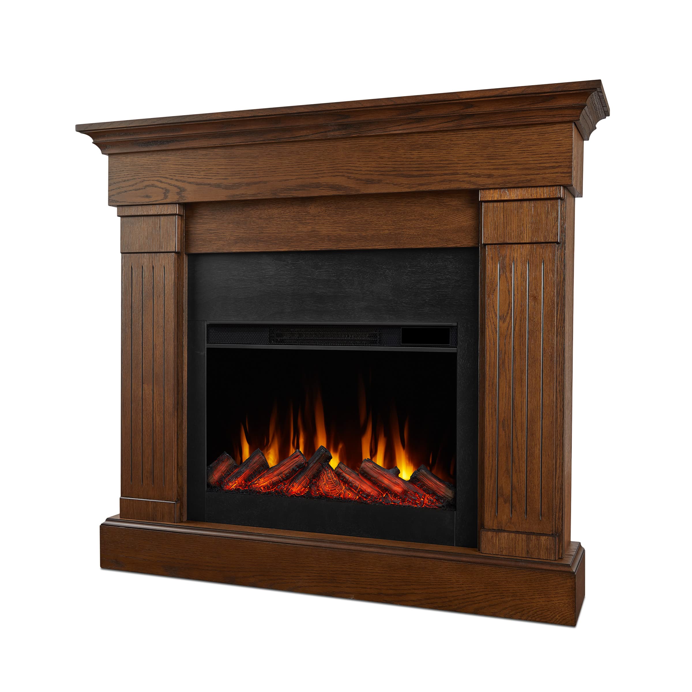 Real Flame Crawford Slim Indoor Electric Fireplace, Chestnut Oak, Free-Standing with Real Wood Mantel Finish - 6 Flame Colors, Adjustable Thermostat, 120V, 1400W, 5100 BTUs