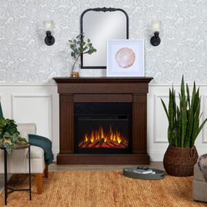 Real Flame Crawford Slim Indoor Electric Fireplace, Chestnut Oak, Free-Standing with Real Wood Mantel Finish - 6 Flame Colors, Adjustable Thermostat, 120V, 1400W, 5100 BTUs