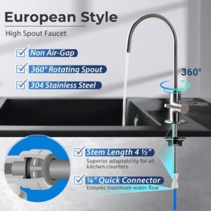 iSpring GA1-BN Drinking Water RO Faucet for Kitchen Sink, Heavy-Duty Lead-Free Reverse Osmosis Faucet for RO Water Filtration System, Non-Air Gap 100% Stainless Steel RO Faucet, Brushed Nickel Finish