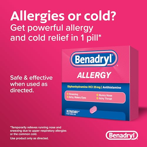 Benadryl Ultratabs Antihistamine Allergy Relief Medicine, Diphenhydramine HCl Tablets for Relief of Cold & Allergy Symptoms Such as Sneezing, Runny Nose, & Itchy Eyes & Throat, 100 ct