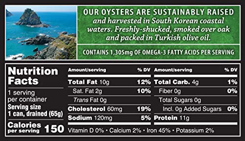 Crown Prince Natural Smoked Oysters in Pure Olive Oil, 3-Ounce Cans (Pack of 18)