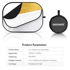 NEEWER 59"x79"/150x200cm Light Reflectors for Photography, Portable 5 in 1 Collapsible Multi Disc with Bag - Translucent, Silver, Gold, Black, White Diffuser for Studio and Outdoor Lighting