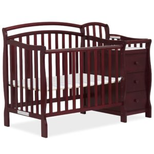 dream on me casco 3-in-1 mini crib and changing table in cherry, convertible crib, made of pinewood, three position adjustable mattress height settings