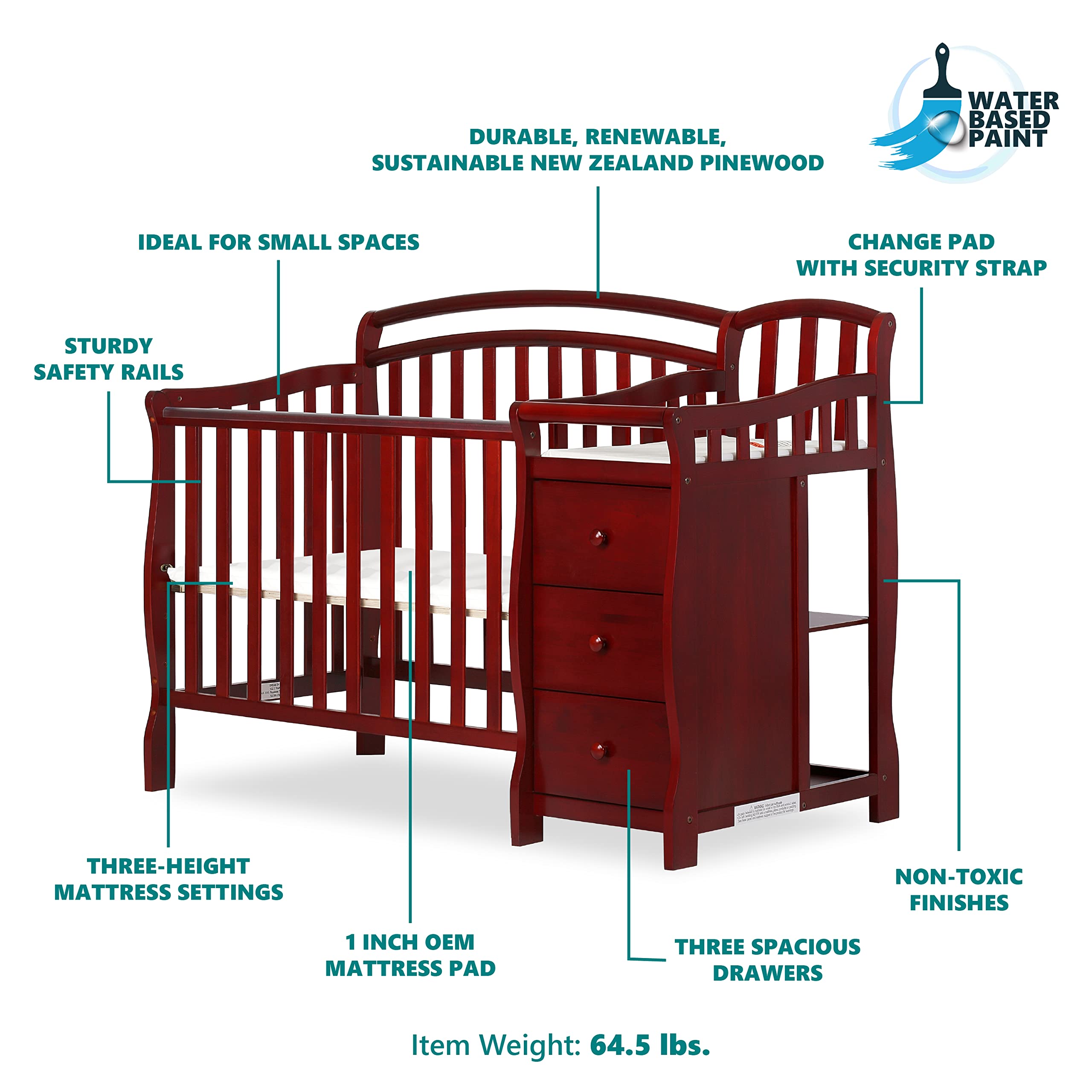 Dream On Me Casco 3-In-1 Mini Crib And Changing Table In Cherry, Convertible Crib, Made Of Pinewood, Three Position Adjustable Mattress Height Settings