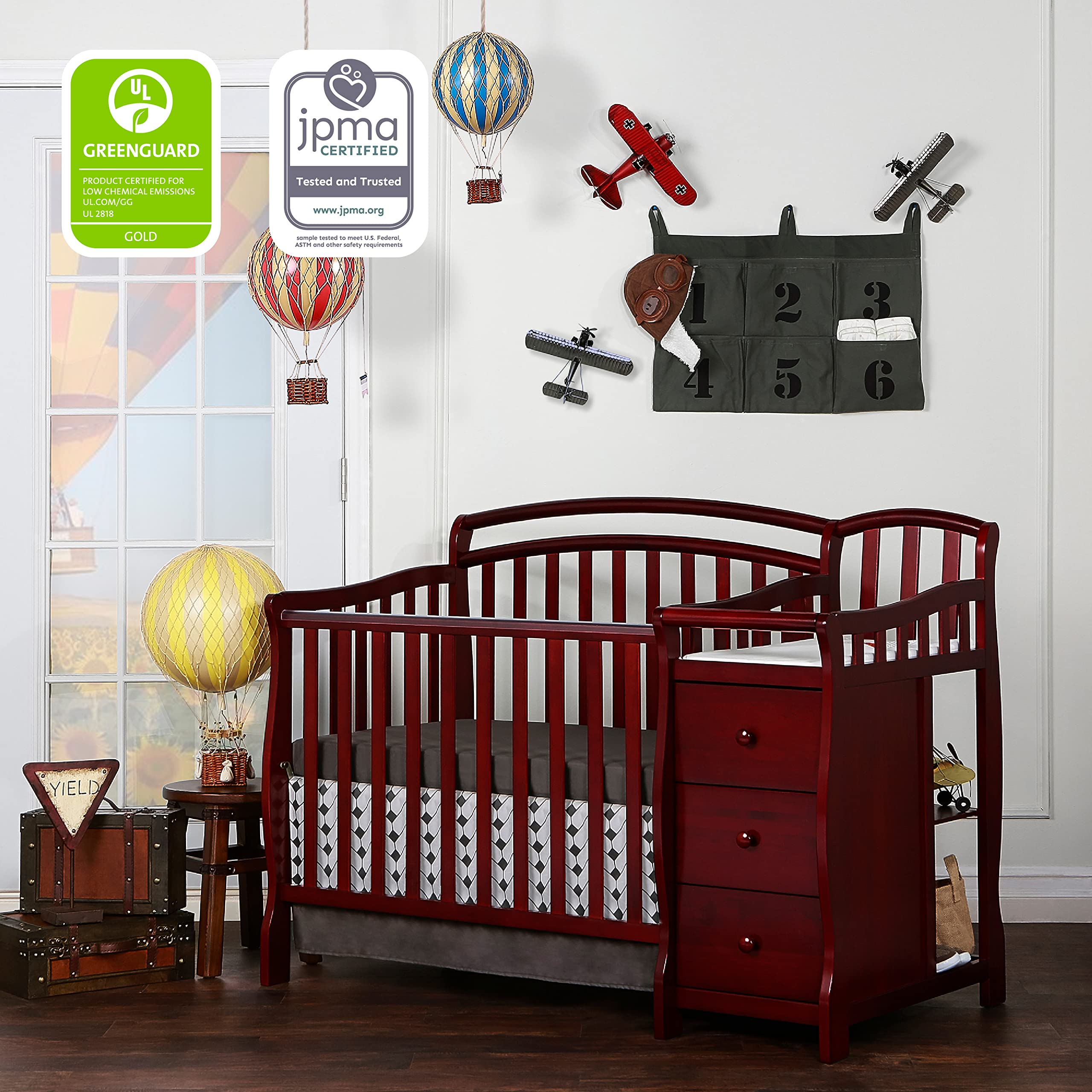 Dream On Me Casco 3-In-1 Mini Crib And Changing Table In Cherry, Convertible Crib, Made Of Pinewood, Three Position Adjustable Mattress Height Settings