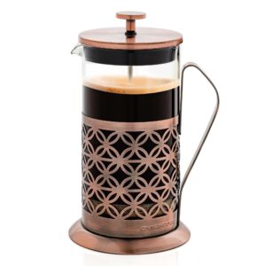 ovente 20 ounce french press coffee & tea maker, 4 filter stainless steel filter plunger system & durable borosilicate heat resistant glass with free scoop, perfect for hot & cold brew, copper fsf20c