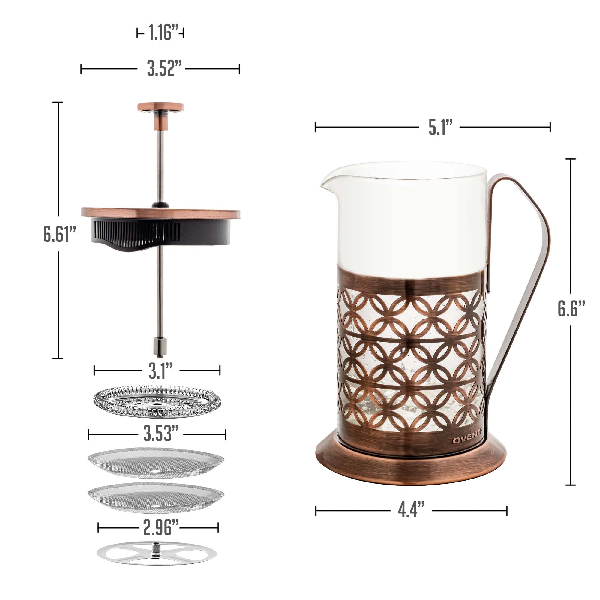 OVENTE 20 Ounce French Press Coffee & Tea Maker, 4 Filter Stainless Steel Filter Plunger System & Durable Borosilicate Heat Resistant Glass with Free Scoop, Perfect for Hot & Cold Brew, Copper FSF20C