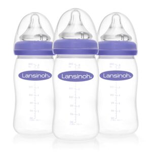 lansinoh anti-colic baby bottles for breastfeeding babies, 8 ounces, 3 count, includes 3 medium flow nipples, size m