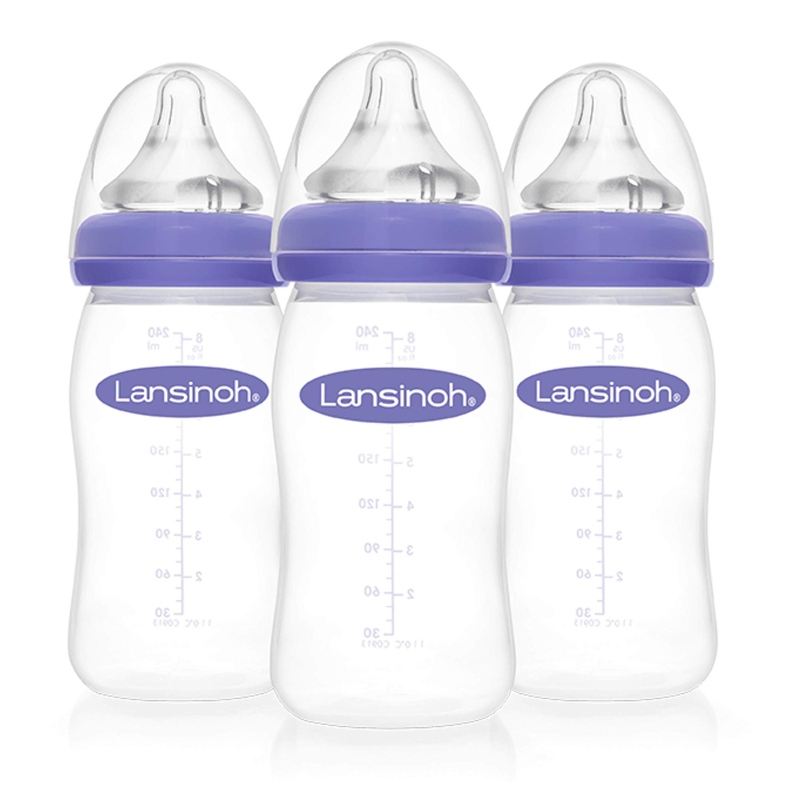 Lansinoh Anti-Colic Baby Bottles for Breastfeeding Babies, 8 Ounces, 3 Count, Includes 3 Medium Flow Nipples, Size M