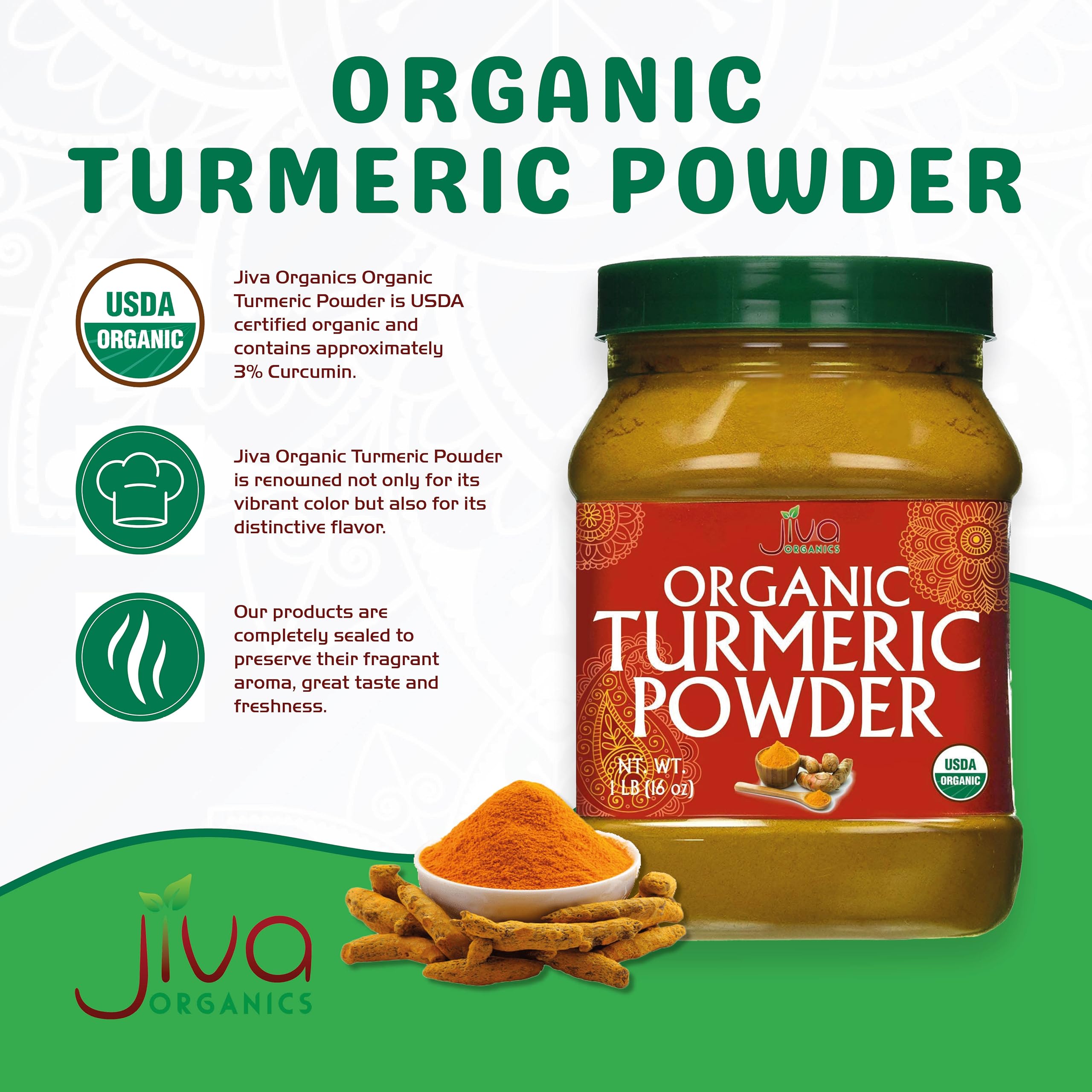 Organic Turmeric Powder 1 Pound Jar by Jiva Organics - 100% Raw with Curcumin - Lab Tested & Reports Available - Raw from India