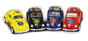 diecast cars-set of 4 cars: 5 vw happy flower classic beetle 1/32 scale, pull back n go action. by kinsmart