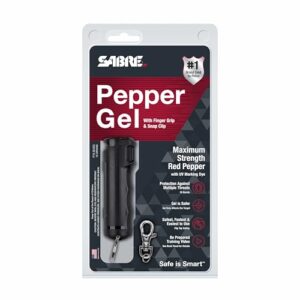 SABRE Pepper Gel with Fast Flip Top, Maximum Strength OC Spray, Snap Clip for Easy Carry and Fast Access, Finger Grip for More Accurate and Faster Aim, UV Marking Dye, 0.54 fl oz, Easy to Use Safety