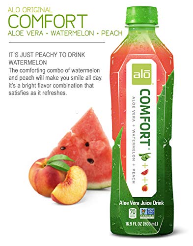 ALO Aloe Vera Juice Drink | COMFORT - Watermelon + Peach | 16.9 fl oz, Pack of 12 |Plant-Based Drink with Real Aloe Pulp