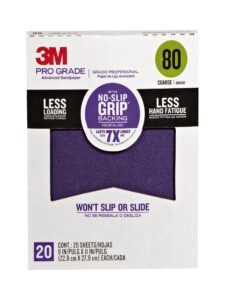 3m advanced sandpaper, 20 sheets, 80 grit, 3m pro grade precision, features no-slip grip backing, 9-in x 11-in, for sanding wood, drywall, or metal, can be used on wet or dry surfaces (26080cp-p-g)