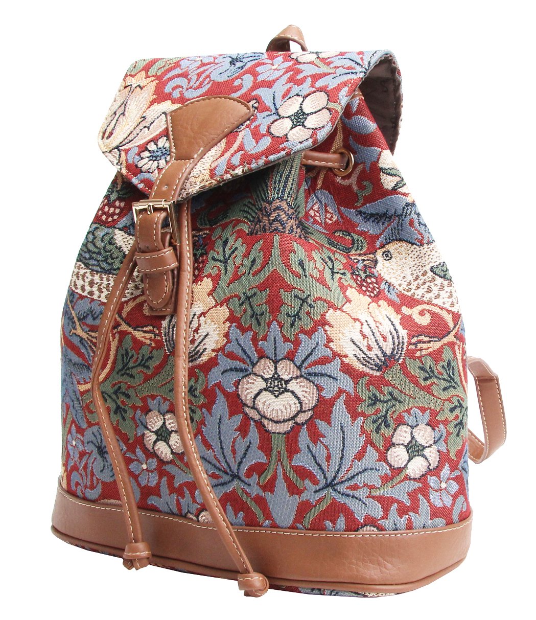 Signare Tapestry Fashion Backpack Rucksack for Women with William Morris Red Strawberry Thief Design (RUCK-STRD)