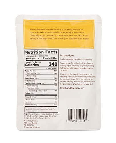 Real Food Blends Chicken, Carrots & Brown Rice - Pureed Food Meal for Feeding Tubes, 9.4 oz Pouch (Pack of 12 Pouches)