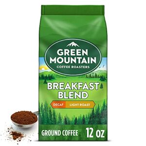 green mountain coffee roasters, breakfast blend decaf, ground coffee, decaffeinated, light roast, bagged 12oz.