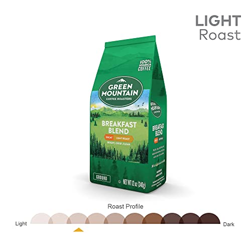 Green Mountain Coffee Roasters, Breakfast Blend Decaf, Ground Coffee, Decaffeinated, Light Roast, Bagged 12oz.