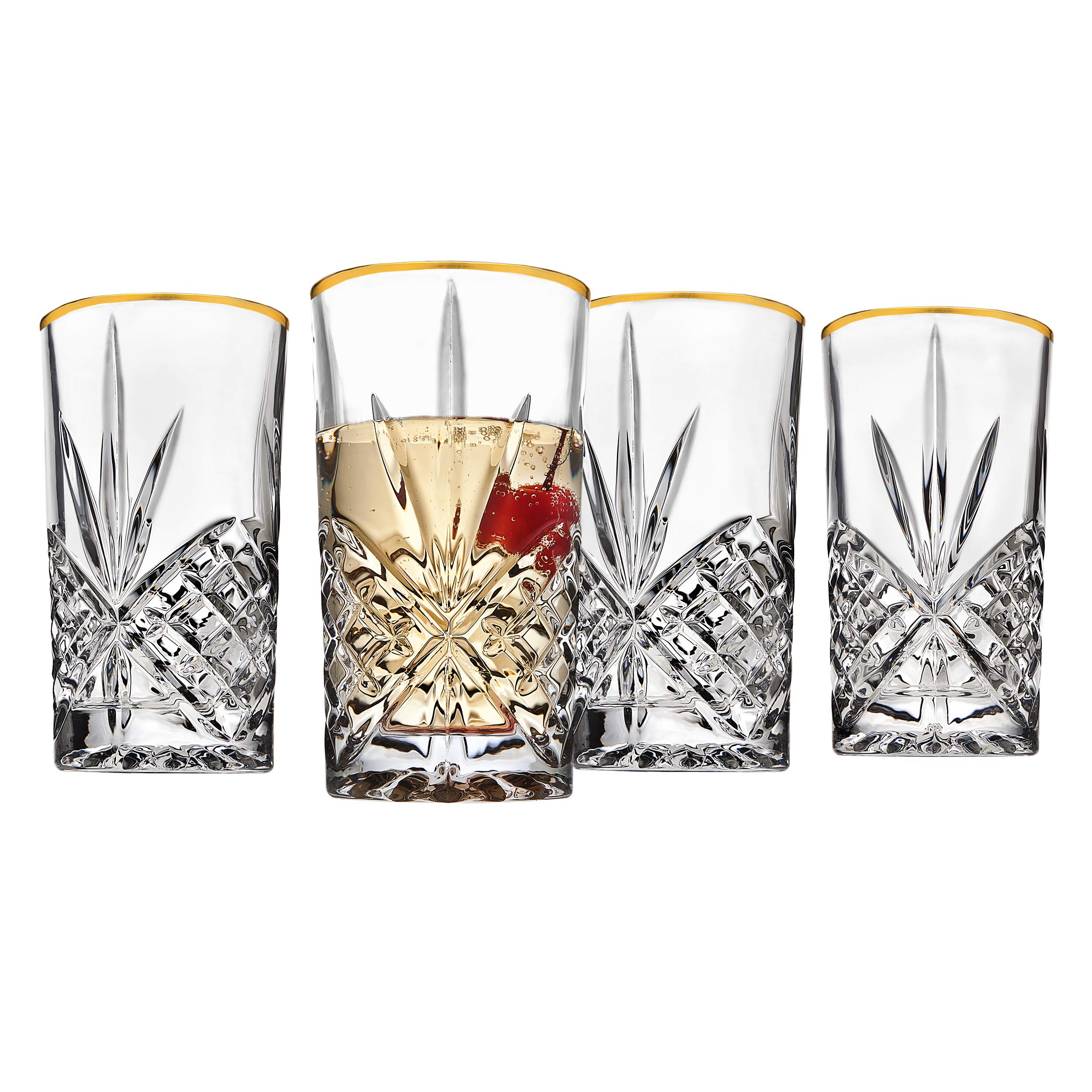 Godinger Highball Drinking Glasses Cups, Gold Band - Dublin, Set of 4