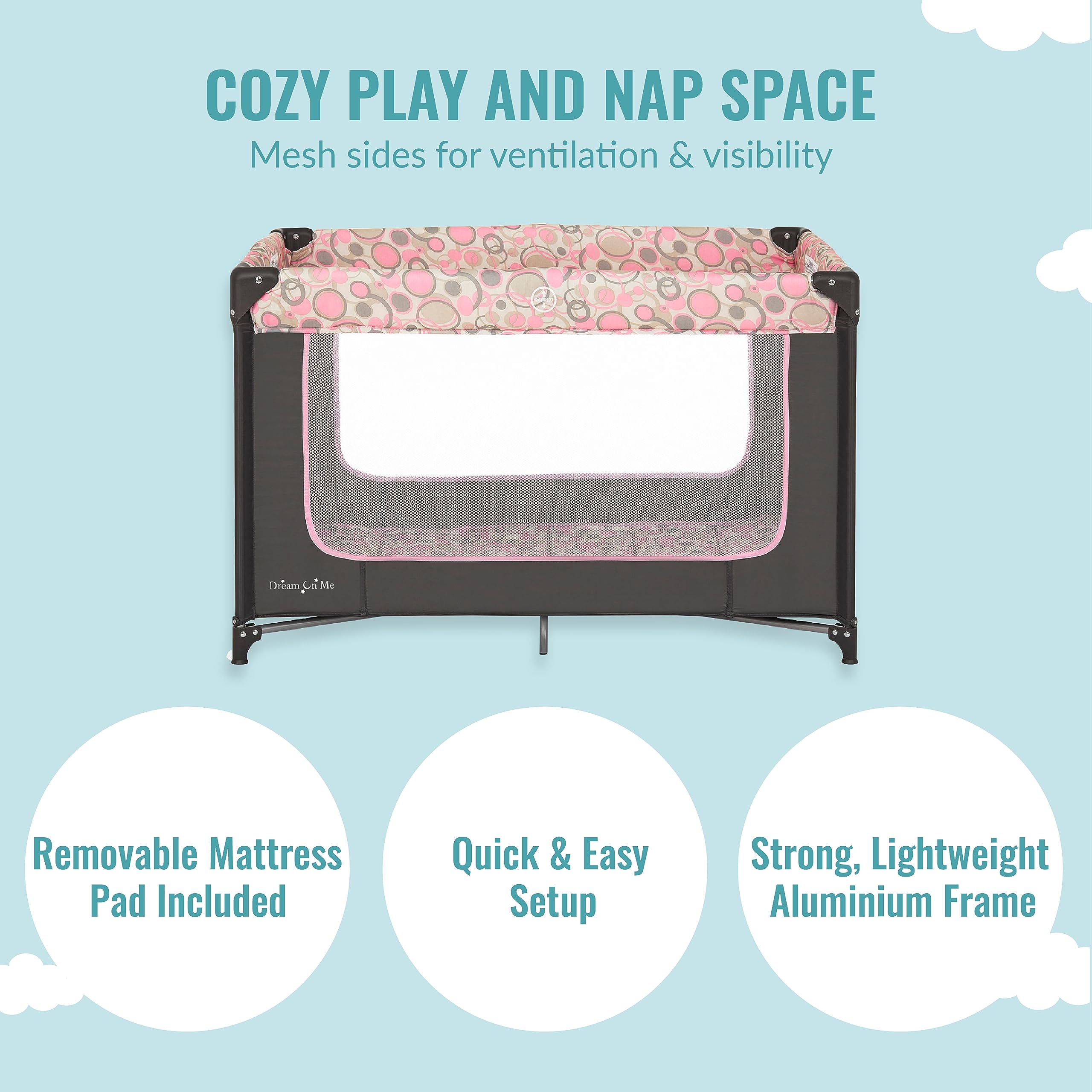 Dream On Me Zodiak Portable Playard in Grey and Pink, Lightweight, Packable and Easy Setup Baby Playard, Breathable Mesh Sides and Soft Fabric - Comes with a Removable Padded Mat