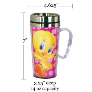 Spoontiques - Insulated Travel Mug - Tweety Bird Coffee Cup - Coffee Lovers Gift - Funny Coffee Mug - 14 oz – Pink